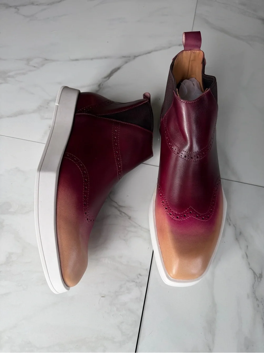 Men's Burgundy and Tan Gradient Chelsea Boots